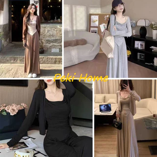 เซ็ต 3 ชิ้น เสื้อคลุม + เสื้อสายเดี่ยว +กางเกงเอวสูง สำหรับฤดูใบไม้ผลิ