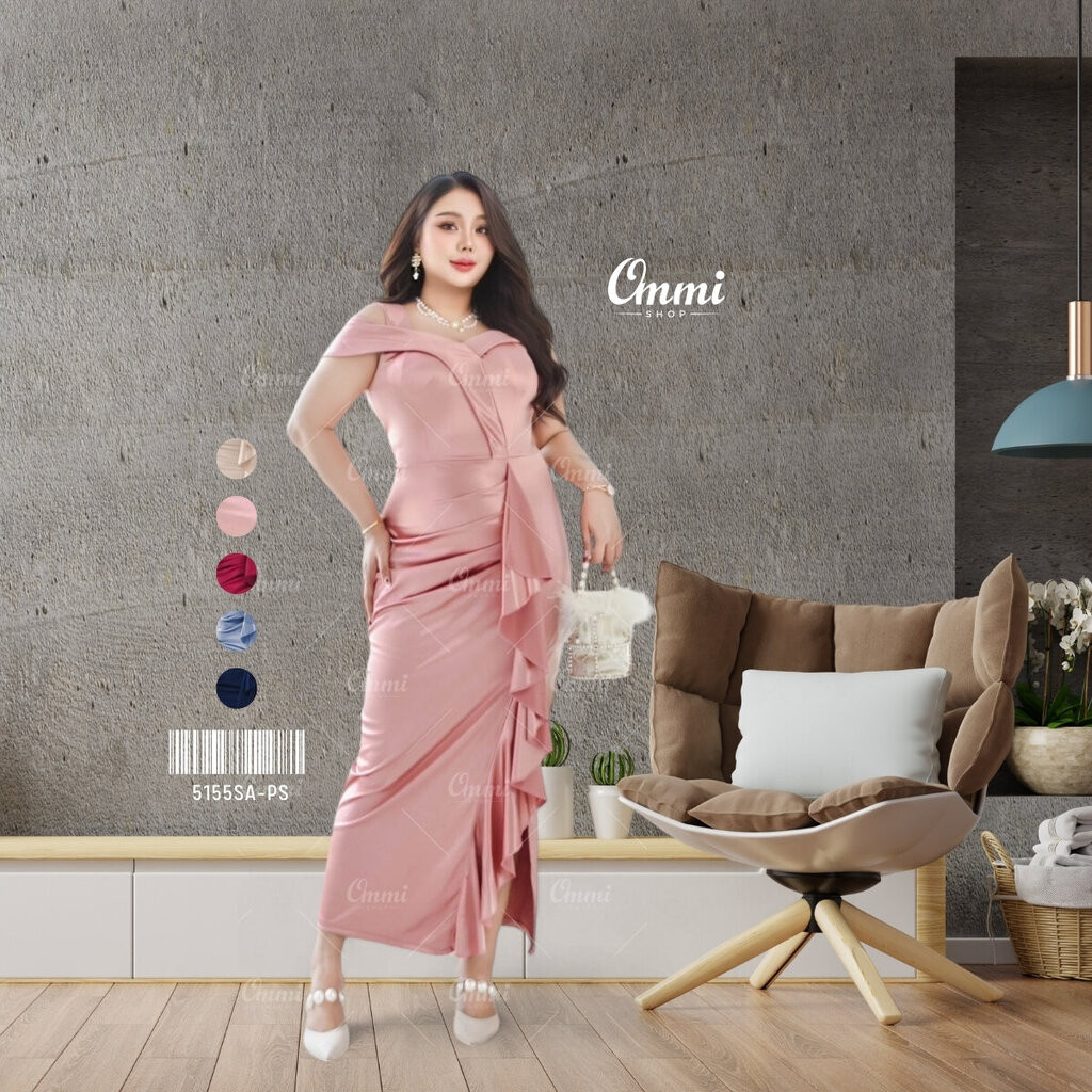 Ommishop ชุดราตรี 5155SA-PS สายสปาปาดวี ผ้าซาติน เดรสออกงาน ชุดงานแต่ง เดรสสาวอวบ Plus Size