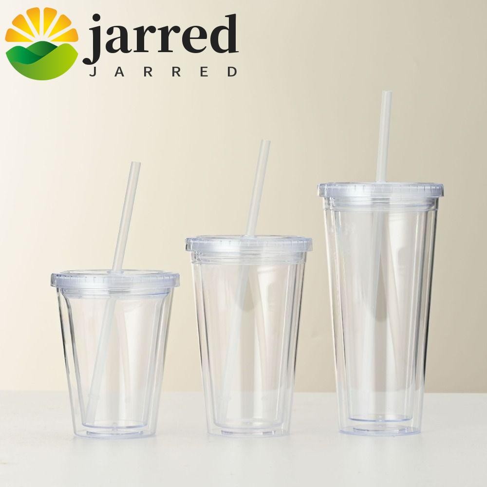 ขวดน้ํา JARRED, โปร่งใสพร้อมฝาปิดและแก้วน้ําใสฟาง, พลาสติก Househo 350/450/650ml นมถ้วยกาแฟเย็นสองชั้น