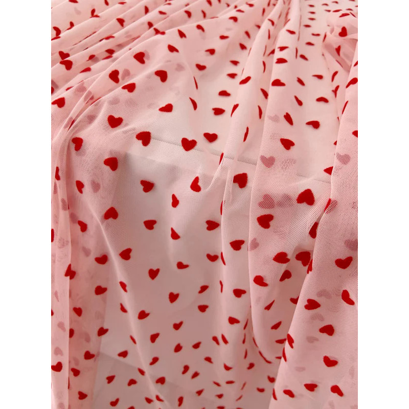 4 Way Pink Stretch Red Heart Tulle Lace Fabric Black Mesh Velvet Heart-Shaped Elastic Gauze