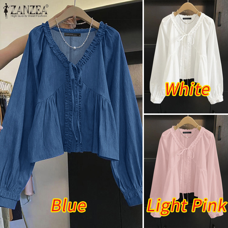 Zanzea เสื้อเบลาส์เดนิมอัดพลีทแขนยาวคอวีเกาหลีสําหรับผู้หญิง — صورة 3