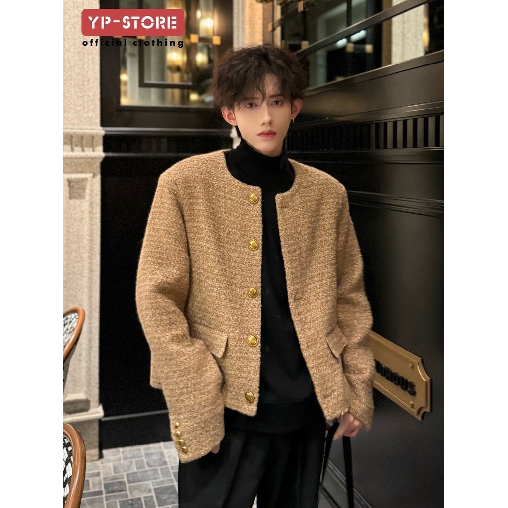 เสื้อแจ็คเก็ตเด็กผู้ชายเสื้อผ้าสีกากีคอปกสั้นระดับไฮเอนด์ทอทวีดสไตล์ฝรั่งเศสเสื้อแจ็คเก็ตเบาะไหล่ที่ดีงาม