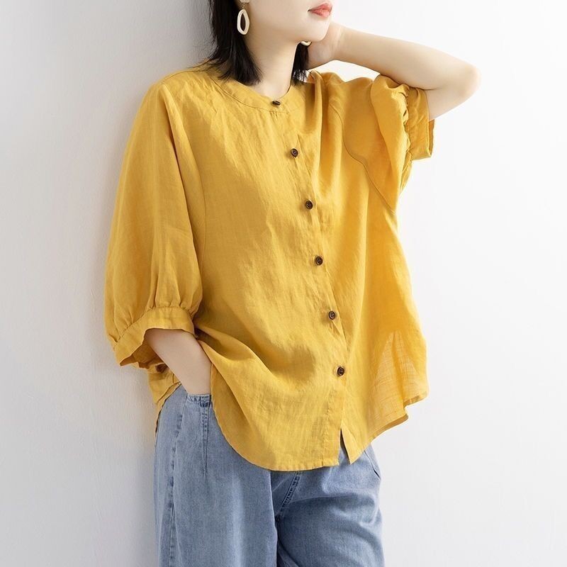 เสื้อเชิ้ตลําลอง ผ้าฝ้าย และผ้าลินิน แบบบาง ทรงหลวม ขนาดใหญ่ สไตล์เกาหลี สําหรับสตรี