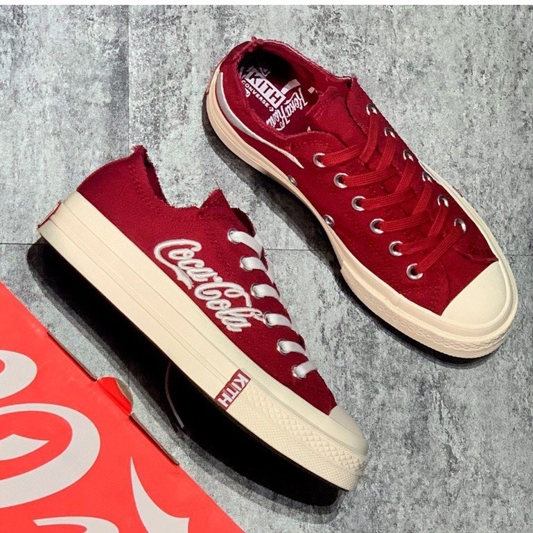 Kith x Coca-Cola x Converse Chuck 70 รองเท้าผ้าใบลำลองไม่หุ้มข้อต่ำ สีแดงไวน์  ลำลอง