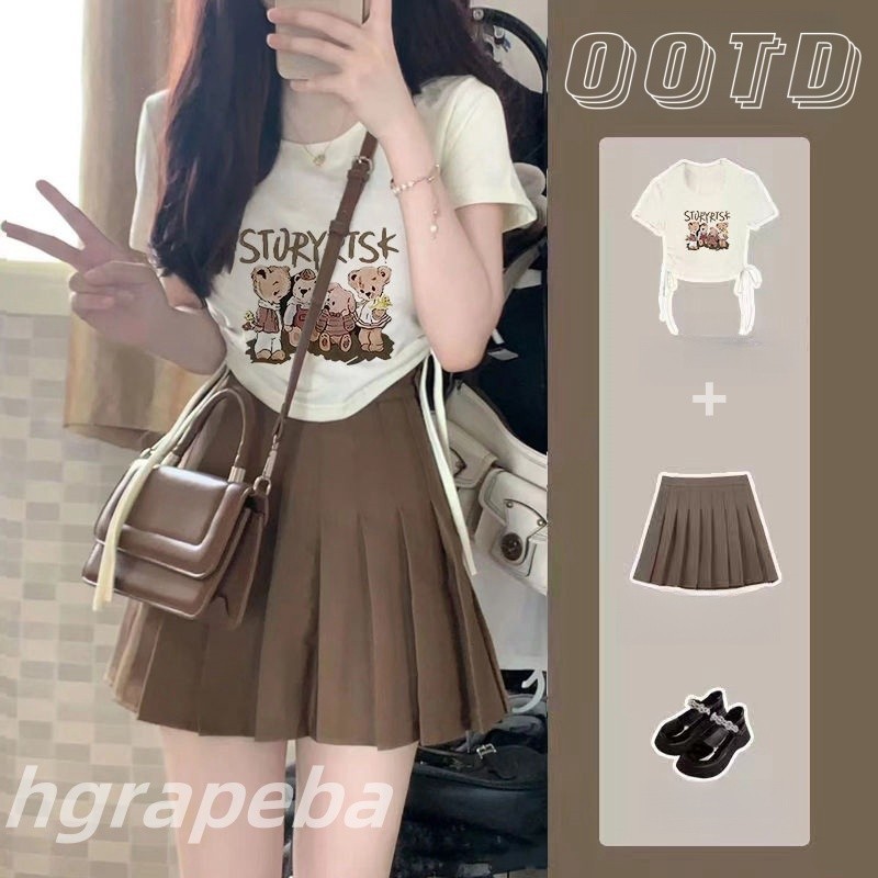 ชุดเซท2ชิ้น เสื้อครอป+กระโปรงจีบ สุดชิค แฟชั่นสไตล์เกาหลี กระโปรงทรงเอ สไตล์ตรีท เซ็กซี่