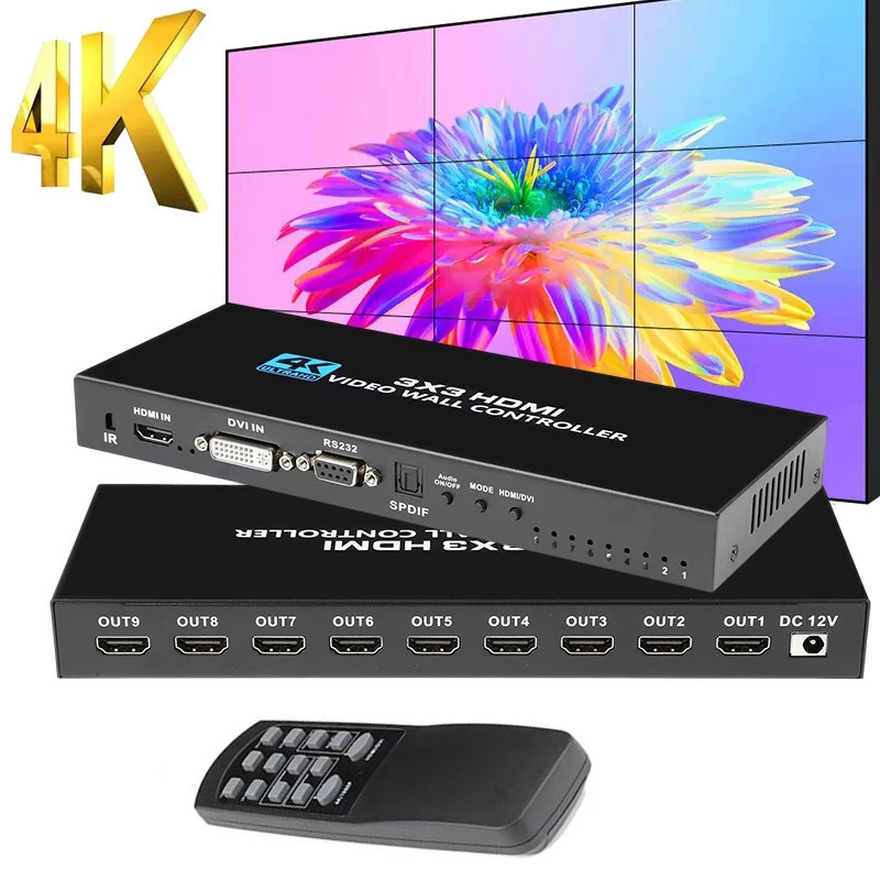 4k HD 1080P 3×3 HDMI DVI TV Splicer Video Wall Controller โปรเซสเซอร์ 1X2 1X4 1X3 2X1 3X1 4X1 2×2 Multi หน้าจอโปรเซสเซอร์ Video Splicer สนับสนุน 180 องศาหมุน 2×2 โหมด 2×2