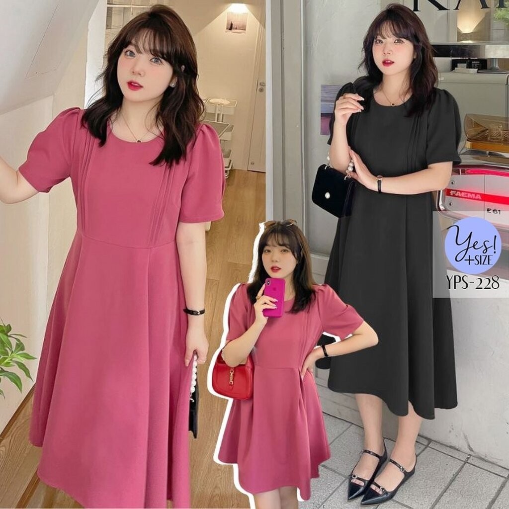 ชุดเดรสสาวอวบ อก 38-48 นิ้ว เดรสคอกลมตีเกล็ด 3แถว 2ข้าง สีชมพูเข้ม/ดำ (มีแบบสั้น/ยาว) YPS-228
