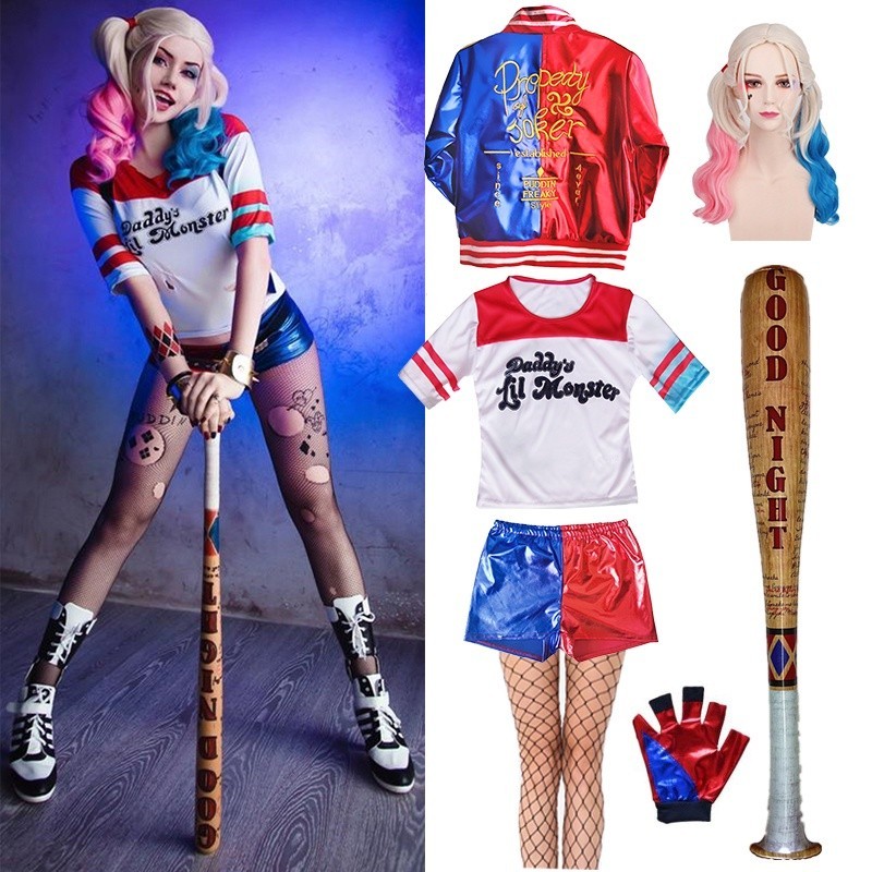 ชุดเซ็ทชุดคอสเพลย์ ชุดเสื้อโค้ท เบสบอล กางเกงขาสั้น ปักลาย Harley Quinn เหมาะกับปาร์ตี้ฮาโลวีน สําหร