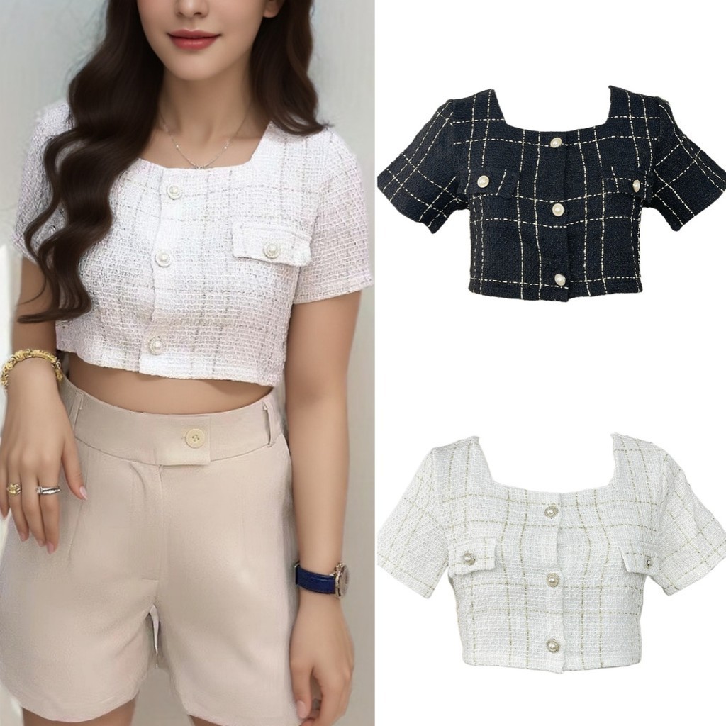 suysuy พร้อมส่ง เสื้อครอป ไหมพรม ผ้าทวิต แขนสั้น กระเป๋าแต่ง สไตล์ เกาหลี