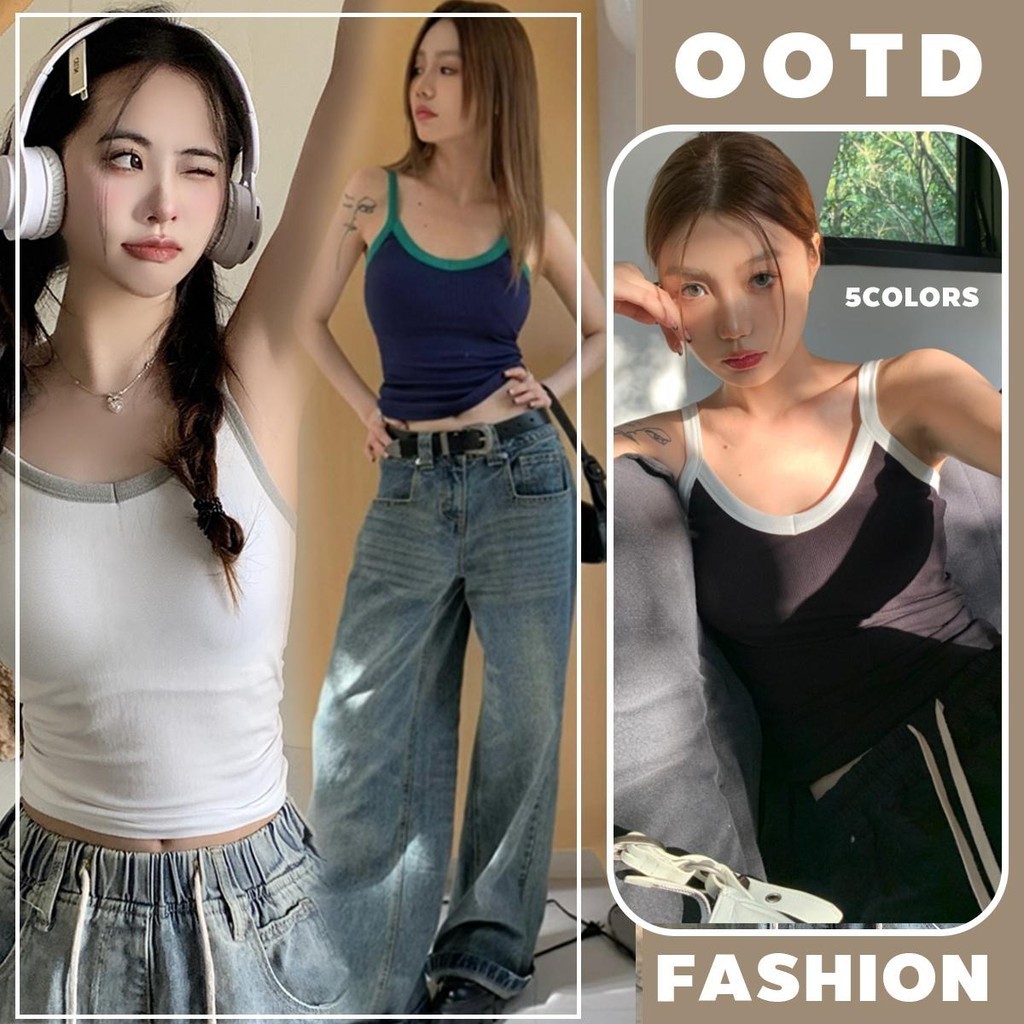 MIMI&DIDI🌸เสื้อครอปสายเดี่ยว เสื้อกั๊กสั้นสไตล์เกาหลีมีแผ่นเสริมหน้าอก ทรงเข้ารูป สายสะพายเก๋ๆ#X2025