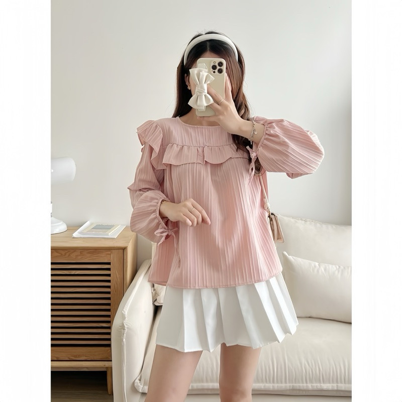 เสื้อเชิ้ต เบบี้ดอลล์ สตรีแขนแต่งระบายย่นสีฟ้าสีชมพูสีเบจสีน้ําตาล,เสื้อคอกลมผู้หญิงหลวมเทรนด์ร้อน กับ