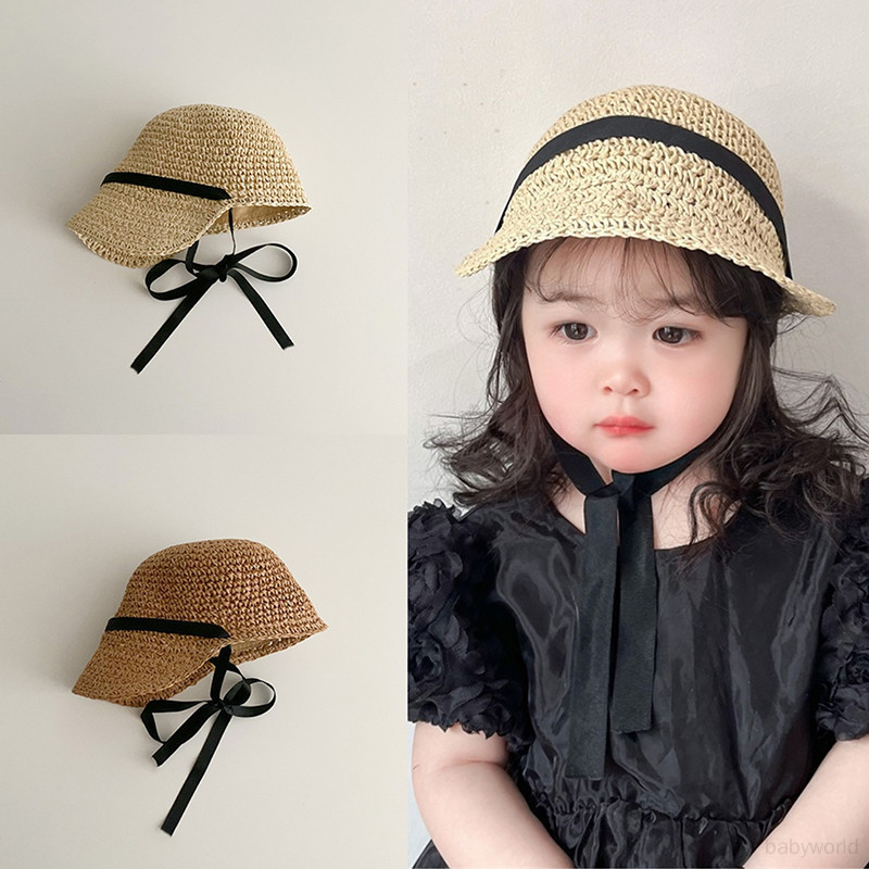 หมวกฟางสาน กันแดด ระบายอากาศ สีพื้น แบบผูกเชือก แฟชั่นฤดูร้อน สําหรับเด็กผู้ชาย และเด็กผู้หญิง