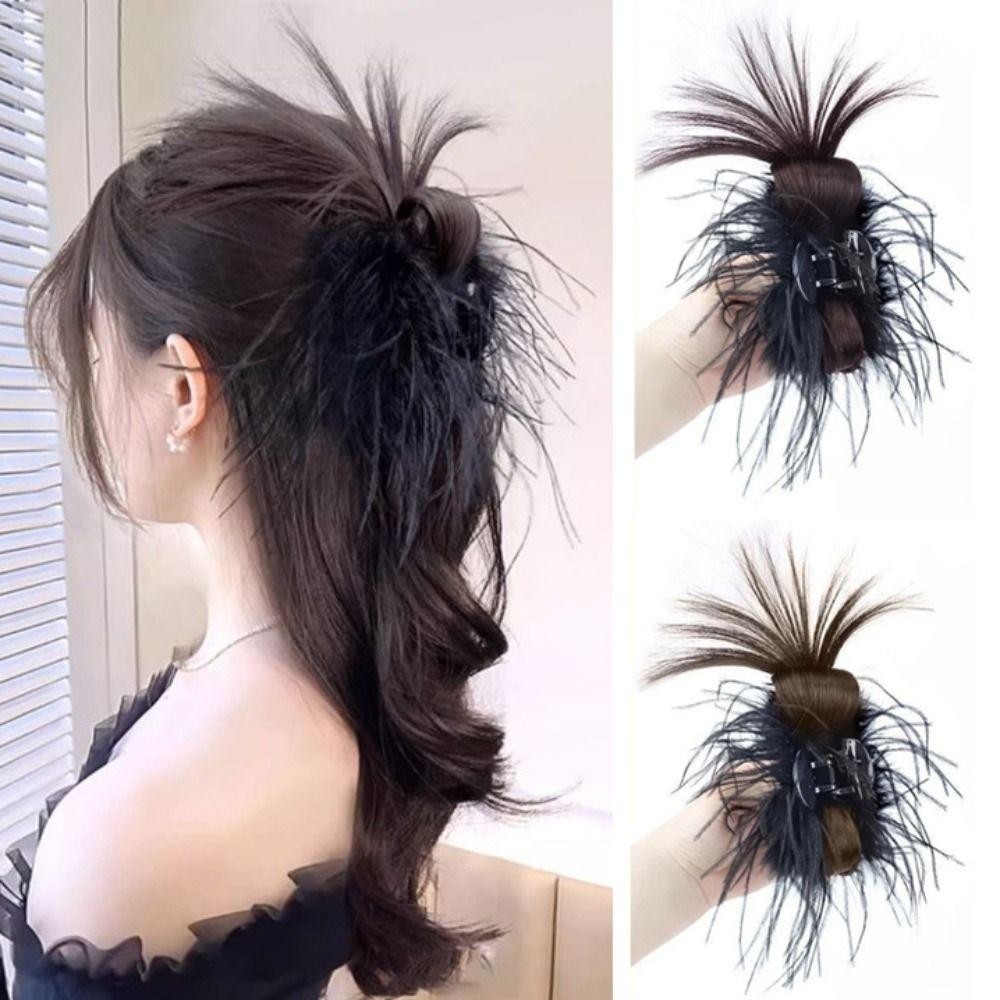 Oceanmapdz Messy Chignon, กิ๊บติดผมขนนก, กิ๊บติดผมเด็กผู้หญิง, ปลอม พร้อมคลิปก้ามปู ธรรมชาติ สไตล์เกาหลี สังเคราะห์ ผมซาลาเปา ผู้หญิง