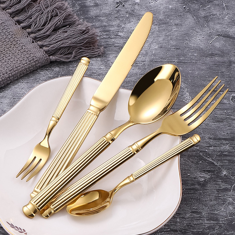 Katelv ชุดช้อน ส้อม มีด สเตนเลส แบบหนา ด้ามจับคอลัมน์โรมัน คุณภาพสูง 5 ชิ้น ต่อชุด