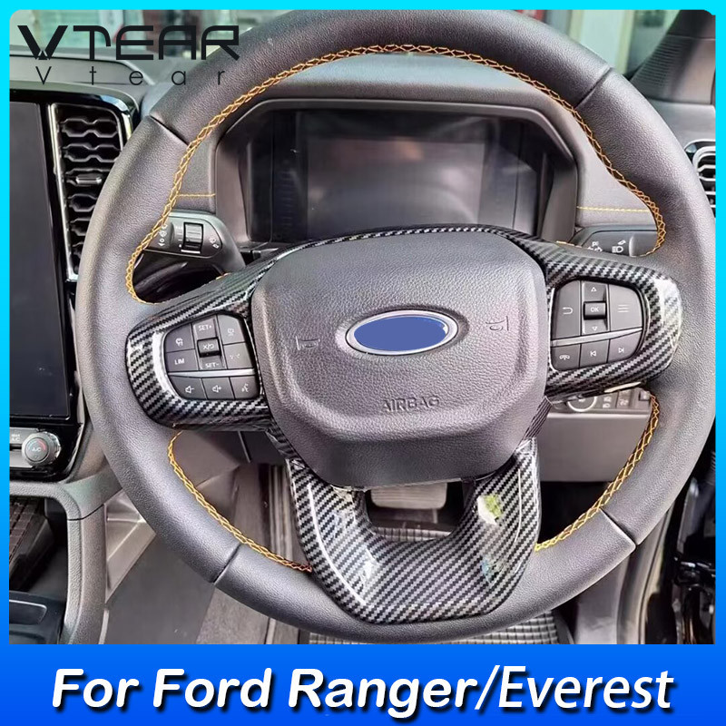 อะไหล่แต่งพวงมาลัยรถยนต์ คาร์บอนไฟเบอร์ พลาสติก ชุบโครเมี่ยม สําหรับ Ford Ranger Ranger Raptor Everest 2023 2024