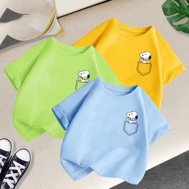 เสื้อยืดคอกลม แขนสั้น พิมพ์ลายการ์ตูนสนูปปี้ สีพื้น เข้ากับทุกการแต่งกาย แฟชั่นฤดูร้อน สําหรับเด็กผู้ชาย และเด็กผู้หญิง อายุ 3-12 ปี