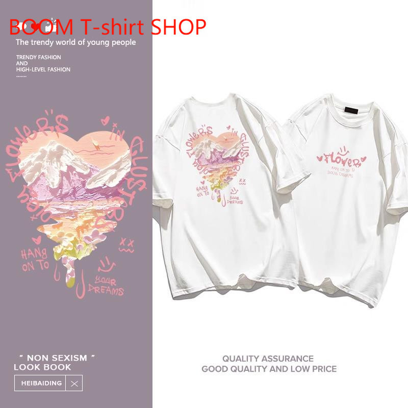 （จัดส่งตลอด 24 ชั่วโมง）BOOM SHOP print T-shirt,ดูดีรูปหัวใจกราฟฟิตีพิมพ์เสื้อยืดแขนสั้นหลวม