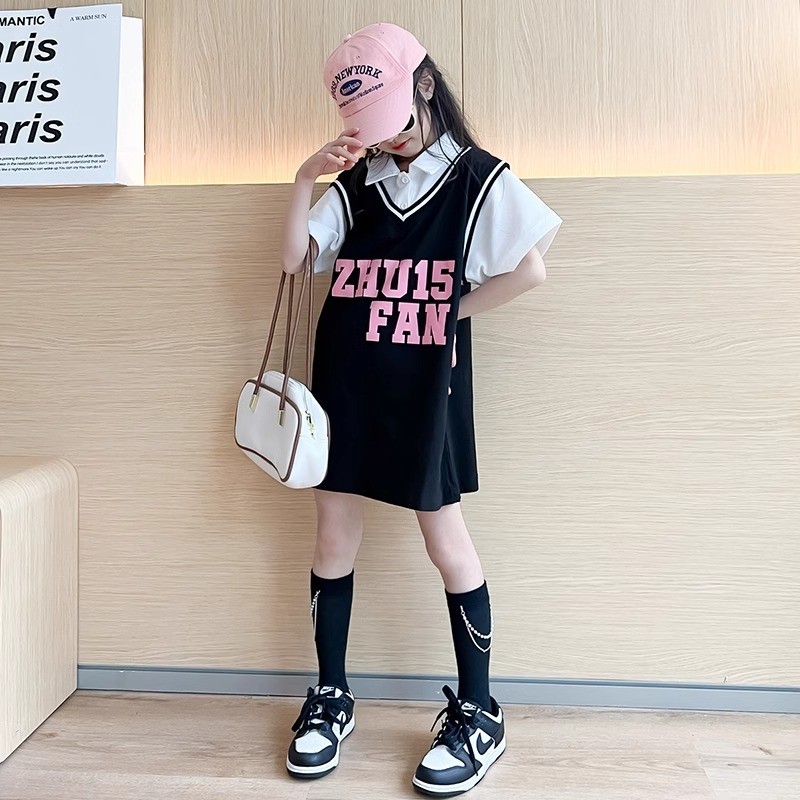 【สปอต】 3-14 ปี ชุดเดรสสาวเด็กเดรสสตรีฤดูร้อนกระโปรงเสื้อยืดเด็กยาวกลางเสื้อยืดแฟชั่นสาวร้อยด้านบน