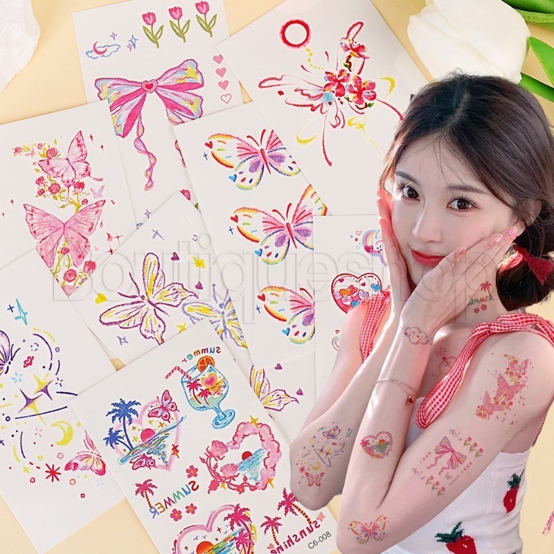 [ Featured ] แผ่นสติกเกอร์รอยสักชั่วคราว ลายผีเสื้อ กันน้ํา หลากสี สําหรับตกแต่งร่างกาย เทศกาลดนตรี DIY