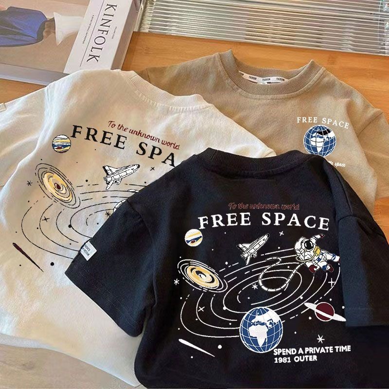 [เด็ก เสื้อยืด] (10-37กิโลกรัม) ผ้าฝ้าย 100% แขนสั้นเสื้อรอบคอนักบินอวกาศอวกาศพิมพ์เย็นเด็กเด็กสาวทีเสื้อแฟชั่นฤดูร้อนเสื้อผ้า
