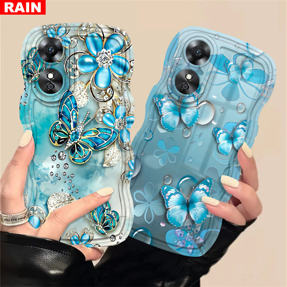 เคสโทรศัพท์มือถือ ลายผีเสื้อ ประดับเพชร สีฟ้า สําหรับ OPPO A78 A18 A17 A57 A58 Reno 8T A15 A16K A54 A12 A5S A7 A54S A94 A93 A3S A53 A31 A52 A74 A95 F9 A1K A76 A9 2020 A37 F5 F7