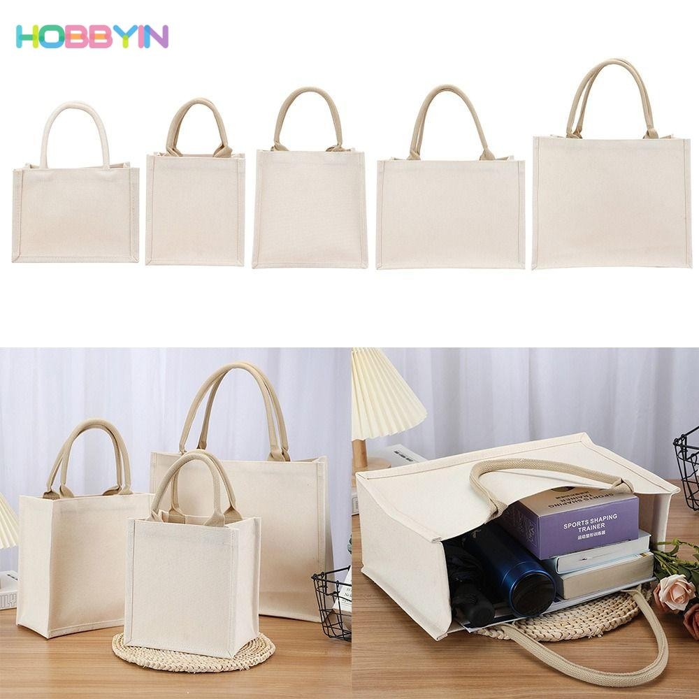 HOBBYIN กระเป๋าผ้าแคนวาส , DIY Hand Drawn กระสอบเปล่าแบบพับได้, กระเป๋าถือกระเป๋าเก็บของความจุขนาดใหญ่สีเบจแบบใช้ซ้ําได้