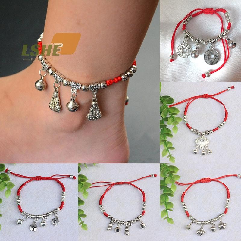 [LSHE] Simple Silver Retro สไตล์ชาติพันธุ์สร้อยข้อเท้าหญิงลูกปัดเชือกสีแดงข้อเท้าสาวอุปกรณ์เสริมใหม่