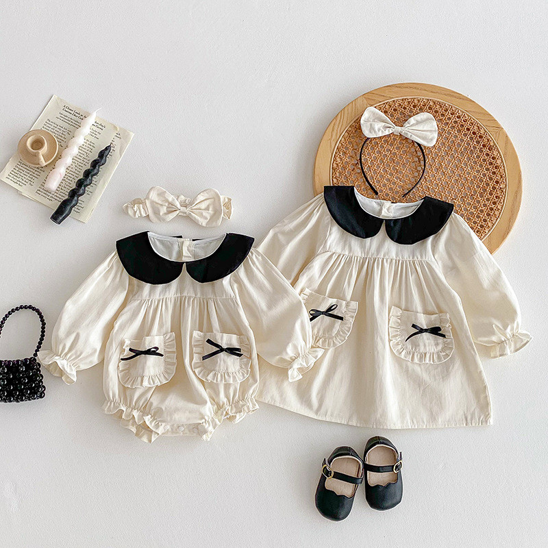 Spring Onesie New Baby Clothes Women's Sweet Chanel Style Long Sleeve Dress Sisters Outfit Spring an