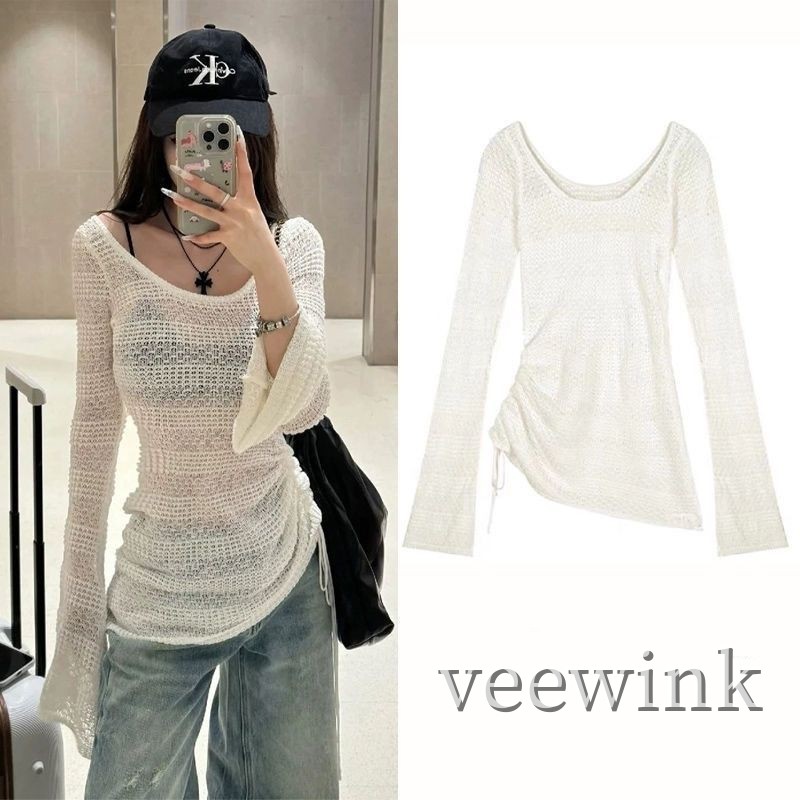 Veewink พร้อมส่งจากกทม เสื้อคลุมลูกไม้กันแดดสีขาวพรีเมี่ยม✧ แขนบานหลวมสไตล์甜辣 เนื้อบางเกรดA