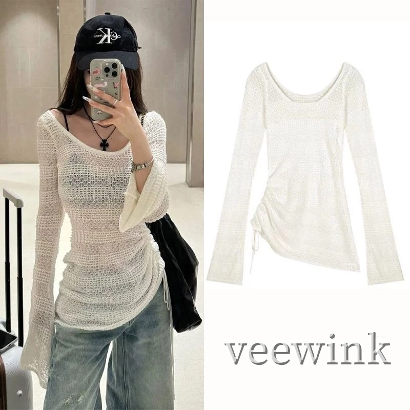 Veewink พร้อมส่งจากกทม เสื้อคลุมลูกไม้กันแดดสีขาวพรีเมี่ยม✧ แขนบานหลวมสไตล์甜辣 เนื้อบางเกรดA