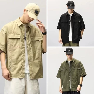 MNO.9 Shirt616 เสื้อเชิ้ตผู้ชาย คอปก เสื้อคลุมแขนสั้น มีกระเป๋าหน้า ปักป้ายกระเป๋าและข้างลำตัว ลำลอง วินเทจ Man Clothing
