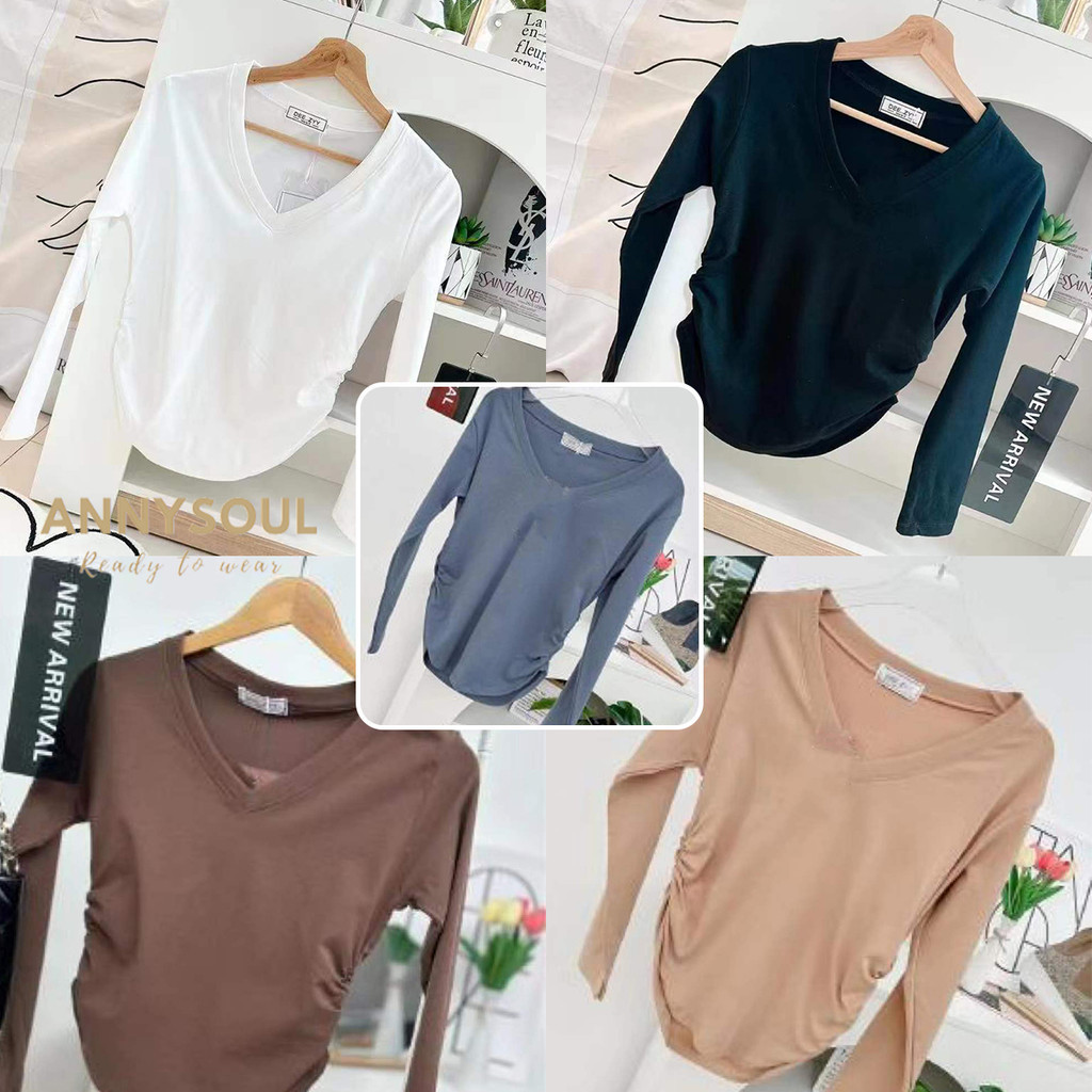 เสื้อคอวีแขนยาว สีพื้นเรียบๆ เเต่งจั๊มข้าง ทรงสลิม