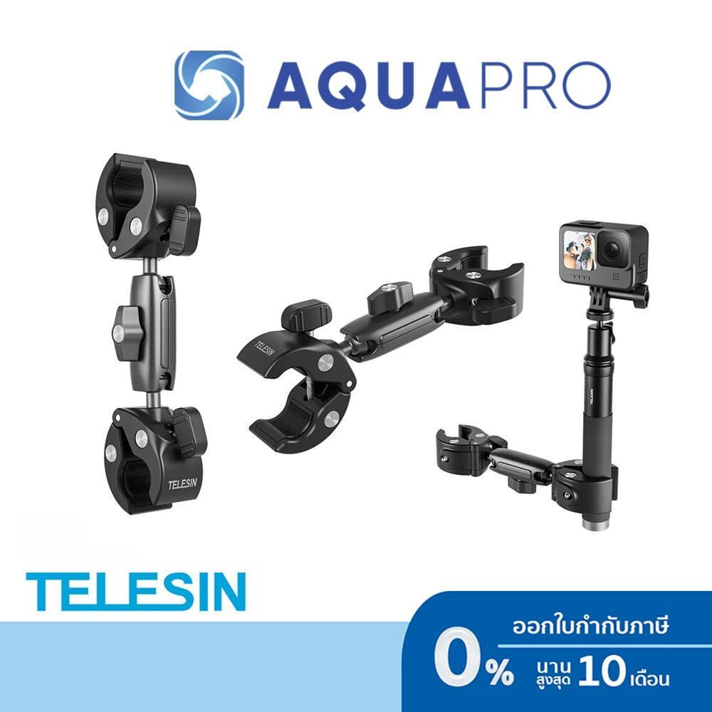 Telesin 360 Double Clamp Mount Bike Motorcycle Handlebar Clamp Holder Clip for GoPro / Insta360 / DJI / SJCAM By Aquapro