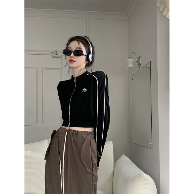 Xiao เสื้อแจ็กเก็ตคาร์ดิแกนลําลอง ทรงหลวม ขนาดเล็ก สีดํา แฟชั่นฤดูใบไม้ร่วง สไตล์เรโทร สําหรับผู้หญิง UZXS