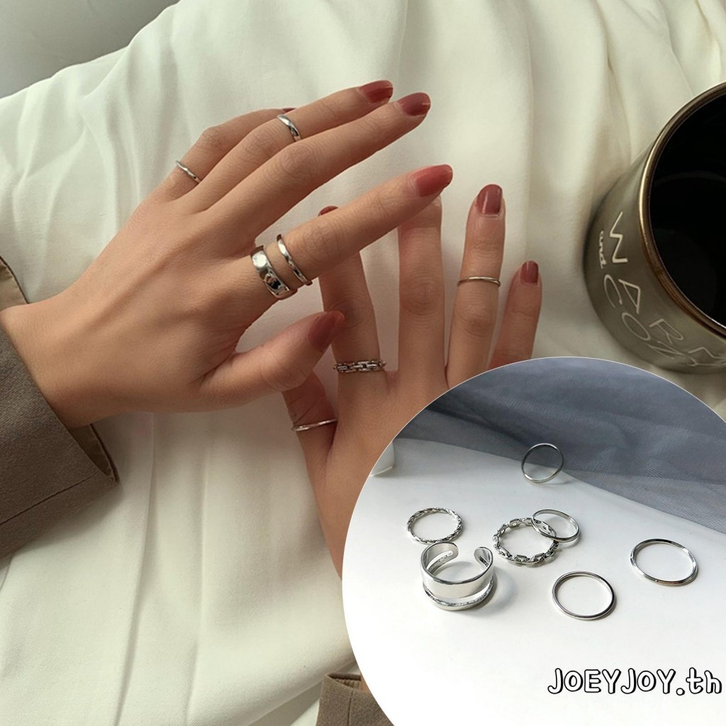 Joeyjoy-ชุดแหวนนิ้วผู้หญิง 7 ชิ้นของขวัญแหวนซ้อนสไตล์เรียบง่ายสําหรับเด็กผู้หญิง