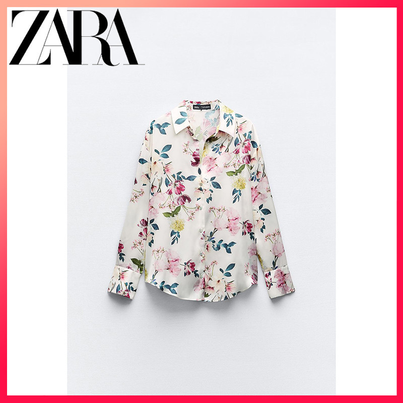 Zara ใหม่ เสื้อเชิ้ต ผ้าไหมซาติน พิมพ์ลาย สําหรับผู้หญิง