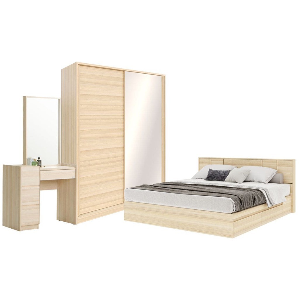 Koncept Furniture ชุดห้องนอน ขนาด 6 ฟุต แบบลิ้นชัก รุ่น Hakone & ตู้เสื้อผ้าบานเลื่อน ขนาด 160 ซม.  แบรนด์ KONCEPT FURNI