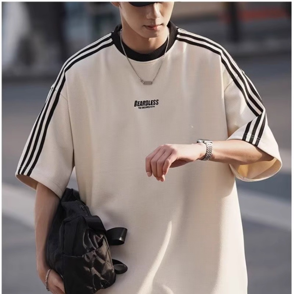 อเมริกันย้อนยุคลายครึ่งแขนเสื้อยืดผู้ชายฤดูร้อนถนนสวมหลวมวัยรุ่นทุกการแข่งขันกีฬารอบ