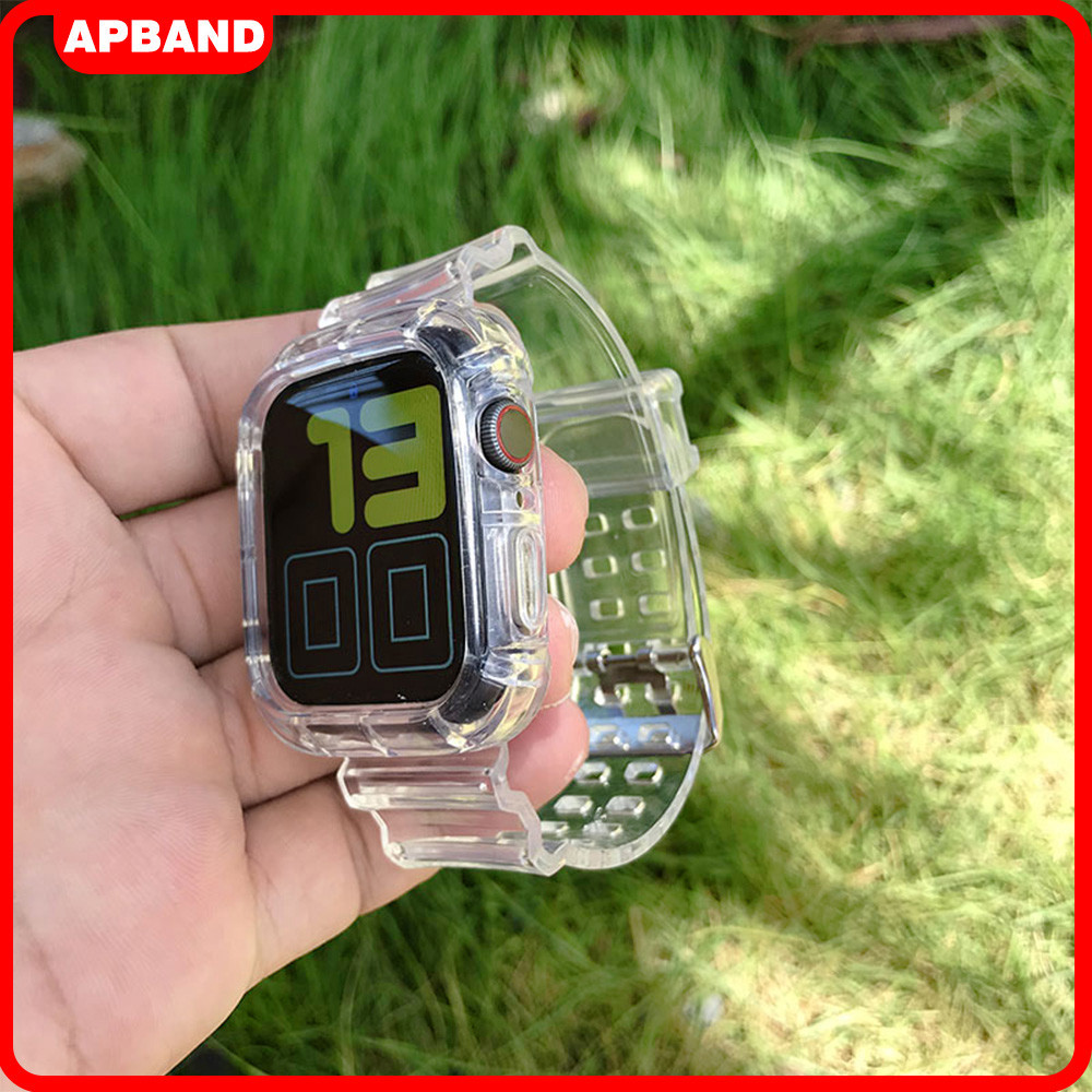 สายนาฬิกาข้อมือ แบบใส พร้อมเคส สําหรับ Apple Watch Series 9 44 มม. 45 มม. 41 มม. 40 มม. 42 มม. 38 มม. iWatch 8 7 6 SE 5