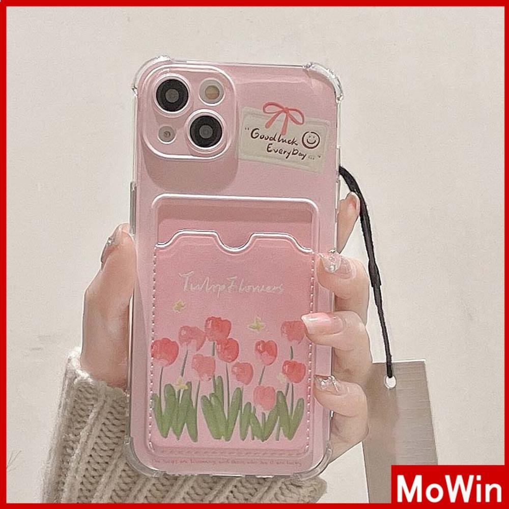 Mowin - สำหรับ iPhone 15 Pro Max iPhone 11 เคสใส่การ์ดเคส ทีพียูซอฟท์เคลียร์ เคสใส่การ์ด ถุงลมนิรภัยกันกระแทก ดอกไม้รักษาสีชมพู เข้ากันได้กับ iPhone 14 13 12 11 Pro Max Plus XR XS