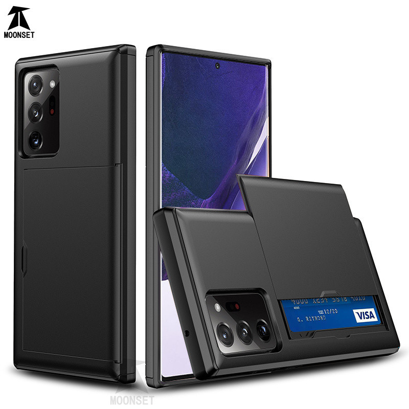 สําหรับ Samsung Galaxy Note 20 Ultra / Note 10 Plus กรณีกระเป๋าสตางค์ ID Slot ประตูบานเลื่อนซ่อนกระเป๋า Anti-Scratch Dual Layer ป้องกัน Hard Shell TPU กันชน