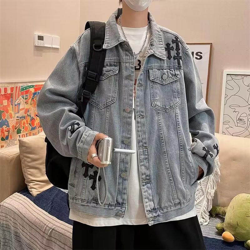 ใหม่ เสื้อแจ็กเก็ตยีนลําลอง ทรงหลวม สไตล์ญี่ปุ่น และอเมริกัน สตรีท สําหรับผู้ชาย