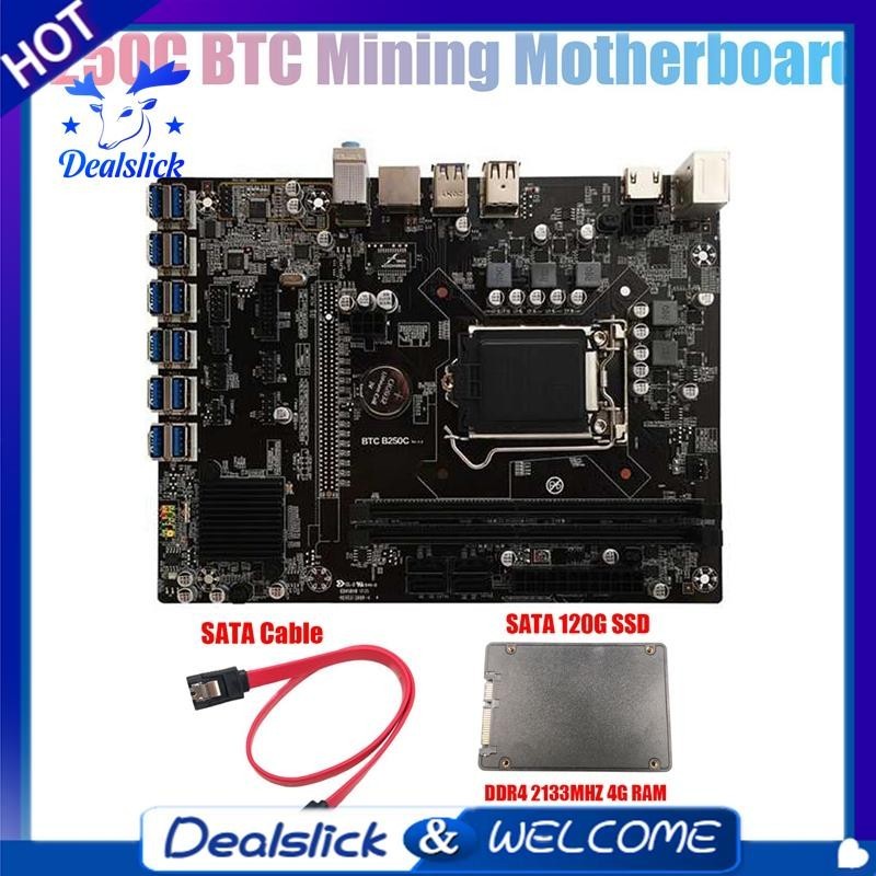 【Dealslick】B250C Btc เมนบอร์ดขุดเหมือง พร้อม 120G SSD+DDR4 แรม 4GB 2133MHZ และสายเคเบิล 12XPCIE เป็นช่องเสียบการ์ด USB3.0 LGA1151 สําหรับ BTC
