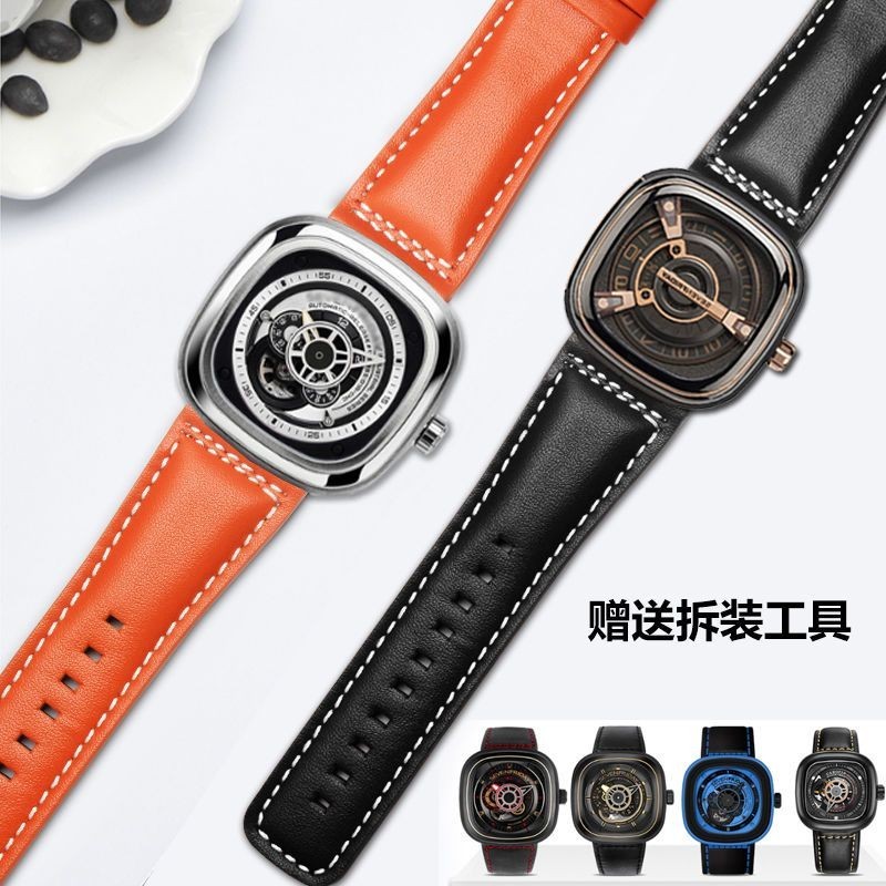 Sevenfriday สายนาฬิกาข้อมือ หนังวัวแท้ สีน้ําตาลดํา 28 มม. อุปกรณ์เสริม สําหรับนาฬิกาข้อมือ M2 P1 P3 SQ Series SF