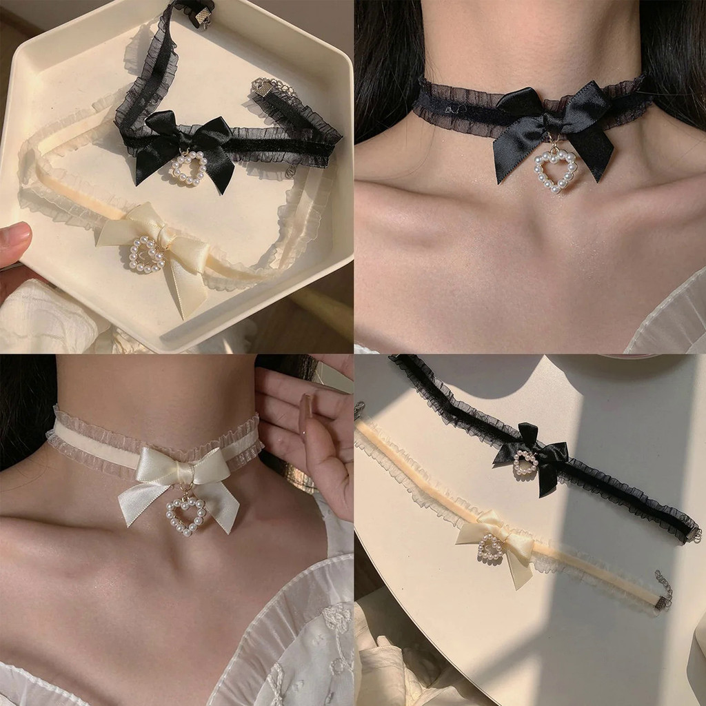 สร้อยคอโชคเกอร์ แฮนด์เมด ประดับโบว์ แต่งลูกไม้ สไตล์โกธิควินเทจ สําหรับผู้หญิง