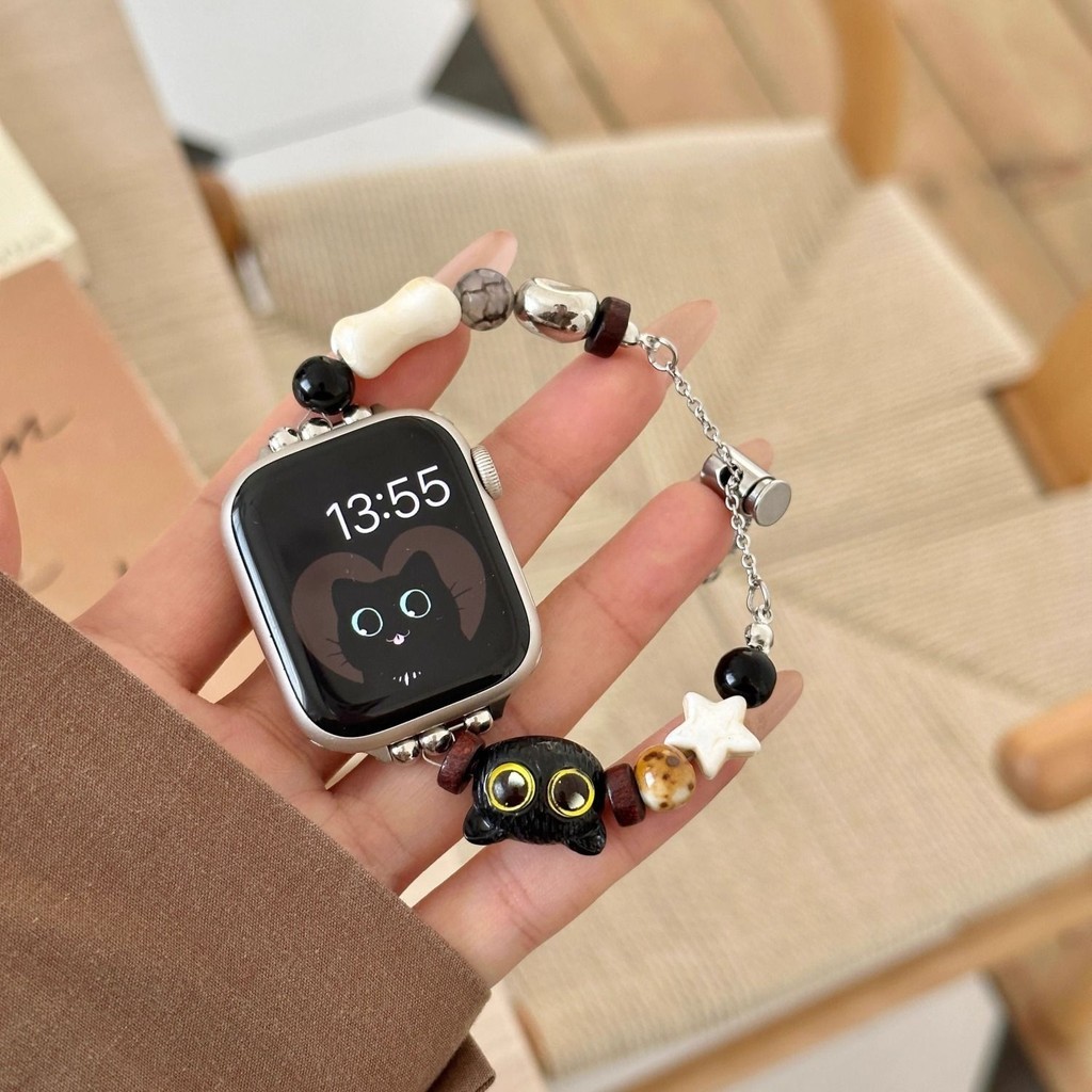 สายนาฬิกาข้อมือ ประดับลูกปัด ลายแมวน่ารัก สไตล์จีน สําหรับ Apple iwatch9 applewatch8 7 6 5 4SE