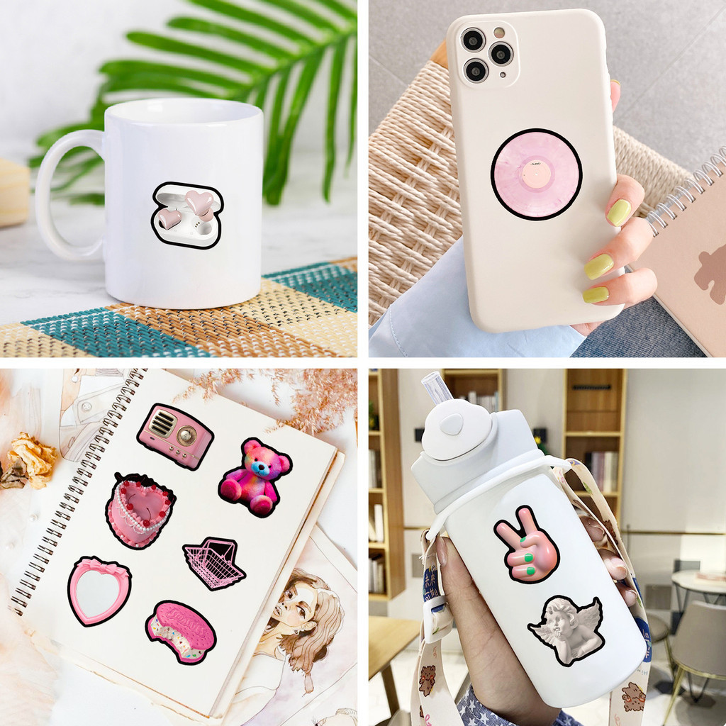 สติกเกอร์ ลายกราฟฟิตี้น่ารัก กันน้ํา สีชมพู สีมาการอง สําหรับติดตกแต่งหมวกกันน็อค จักรยาน ดินสอ 50 ชิ้น