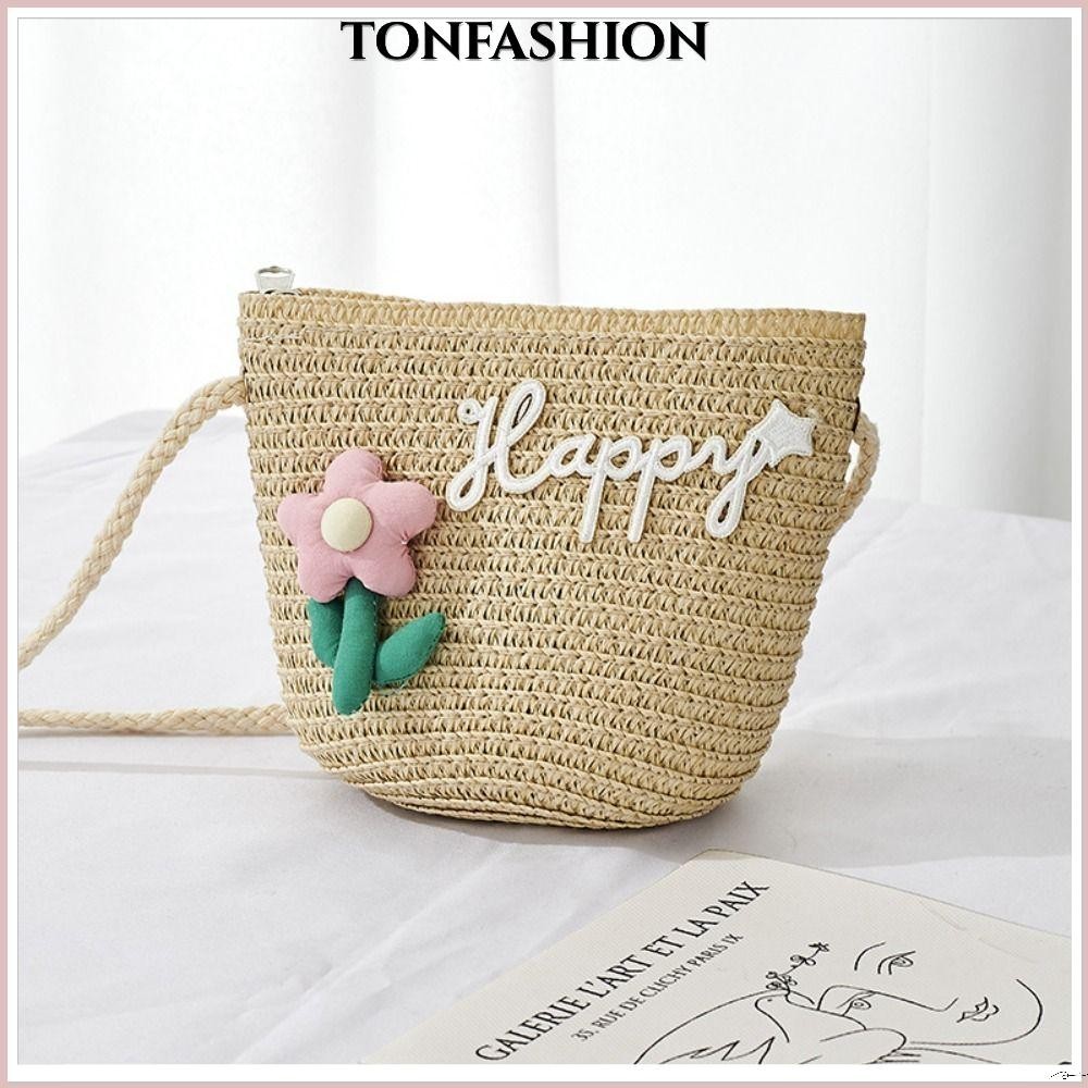 Tonfashion กระเป๋าสะพายไหล่ ฟางดอกไม้ ขนาดเล็ก น่ารัก ใส่เหรียญได้ สําหรับเด็กผู้หญิง