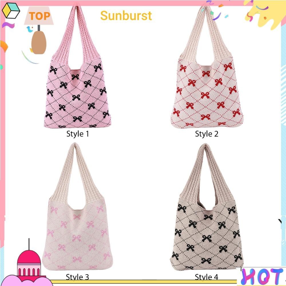 [Sunburst11.th] กระเป๋าถือ กระเป๋าช้อปปิ้ง ถักโครเชต์ พิมพ์ลายโบว์ สําหรับผู้หญิง [Sunburst11.th]