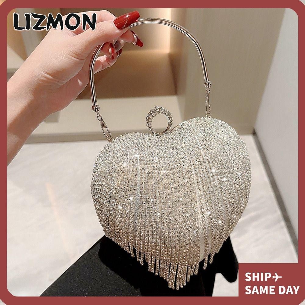 Lizmon กระเป๋าคลัตช์ ประดับพู่ รูปหัวใจ หรูหรา ประดับพลอยเทียม สําหรับผู้หญิง งานเลี้ยงตอนเย็น